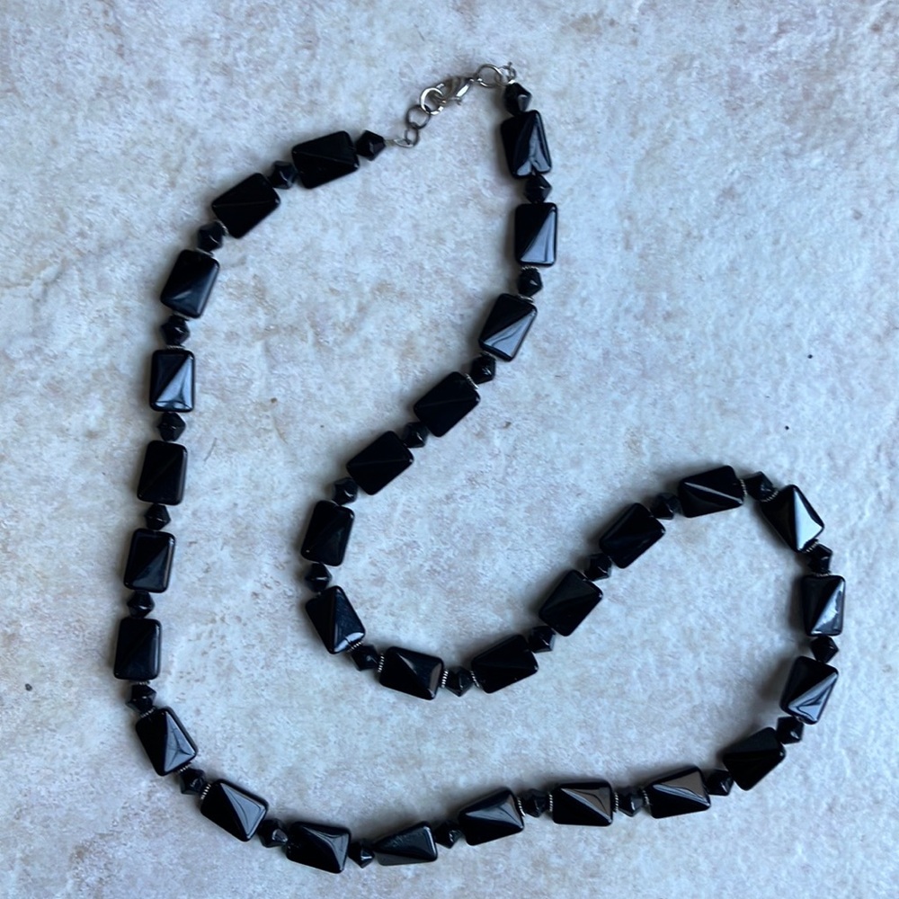 Black Geometric Beaded Necklace with Silver Accents